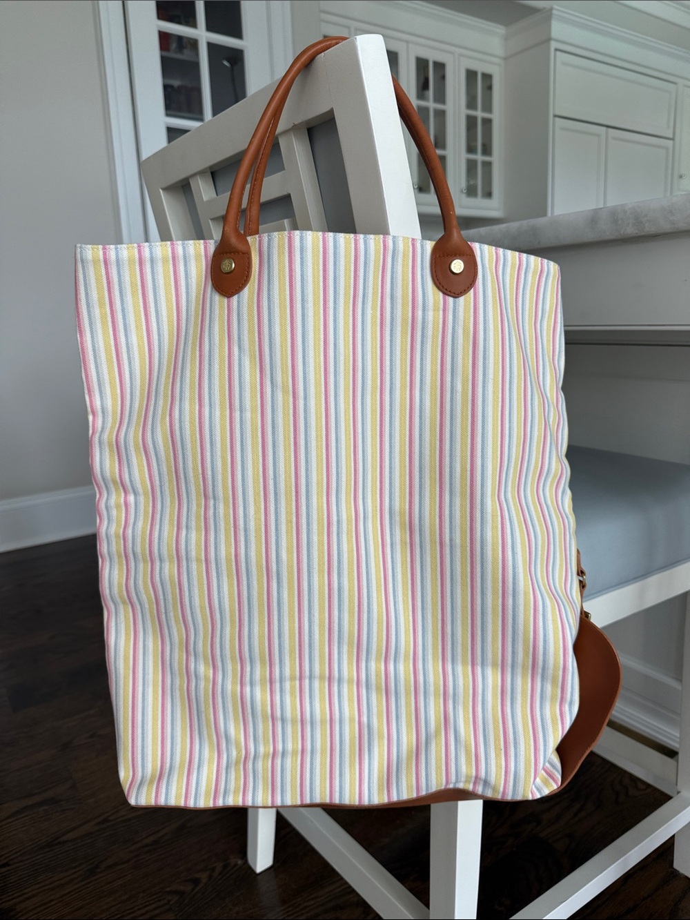 Brooks Brothers Pastel Multicolor Striped Tote with Tan Leather Handles and base